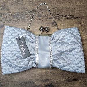 NWT Bella Collection Silver Quilted Bow and Rhinestone Clutch